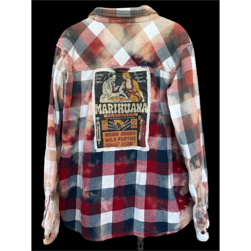 Upcycled Flannel‎ Shirt Anti Marijuana Patch Folk Art Boho Grunge XL